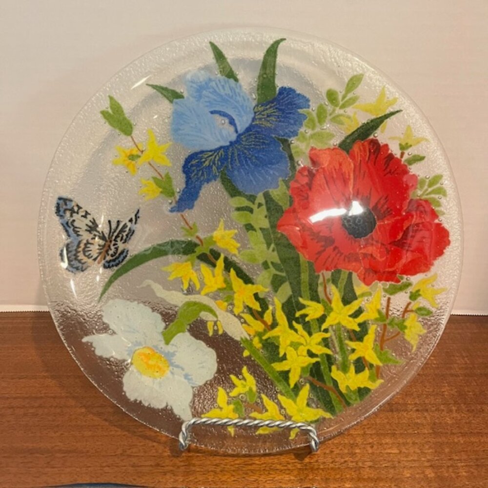 Peggy Karr Fused Art Glass 11" Spring Poppy Iris Flowers Butterfly Plate Platter